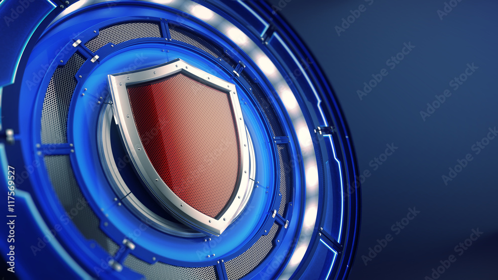 Wall mural protection and security concept: shield on futuristic technology background. 3d illustration