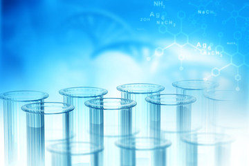 Lab, chemistry, DNA structure, on blue background. 3d illustration biochemistry concept .