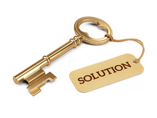 Golden key and solution tag. 3d illustration