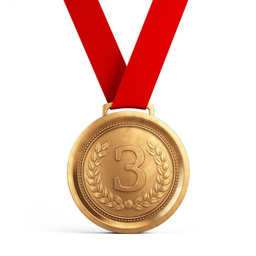 Third place Bronze medal with red ribbon isolated on white background - 3d illustration
