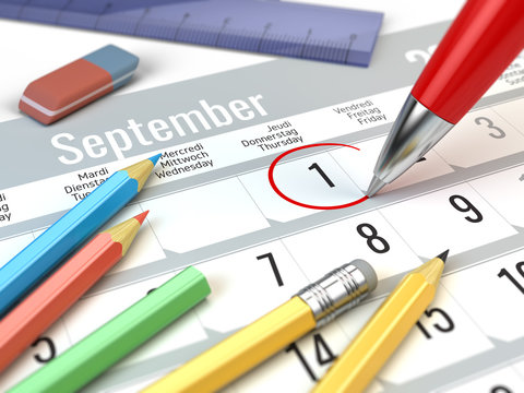 Back to School concept - Red pen mark on the calendar 1 september. 3d illustration
