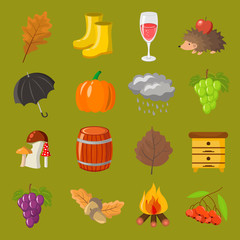 Autumn. Cartoon and flat style. Icon  objects set for design with background.