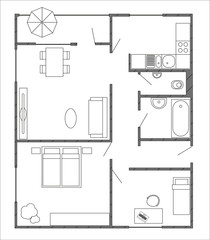 Architecture plan with furniture in top view of 3-rooms apartment with balcony. Modern interiors