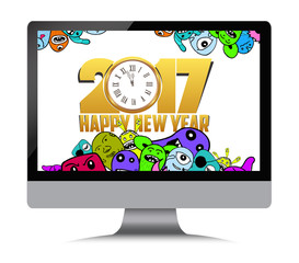 Happy new year 2017. Monster character on computer