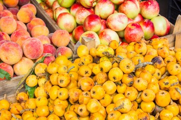counter with vegetables and fruits in the market