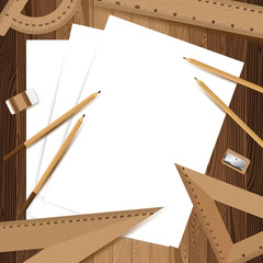 Obraz premium Three white paper with pencil, ruler, eraser and sharpener on lath boards.