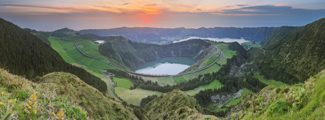 Fototapeta na wymiar Mountain landscape with hiking trail and view of beautiful lakes, Ponta Delgada, Sao Miguel Island, Azores, Portugal