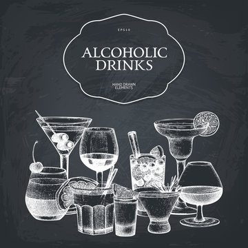 Vector design with hand drawn alcoholic cocktails illustration. Vintage beverages sketch background. Retro drinks template for menu design isolated on chalkboard