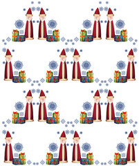 Weihnachtsmann, Geschenke und Schneeflocke als Muster 