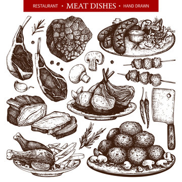 Vector collection of hand drawn meat illustration. Restaurant or butchery design elements. Vintage food sketch set.