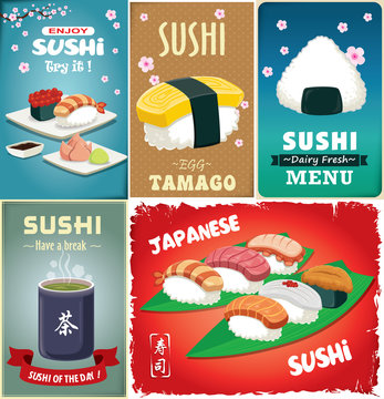 Vintage Sushi poster design with vector sushi. Chinese word means sushi, green tea.