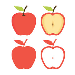 Apples. Set of red, green, bitten and half of fruit with leaf. Vector illustration. Isolated