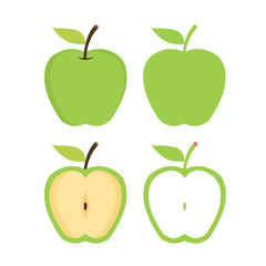 Apples. Set of red, green, bitten and half of fruit with leaf. Vector illustration. Isolated