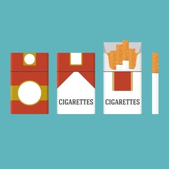 set of vintage cigarettes and open cigarette pack illustration, flat design - obrazy, fototapety, plakaty