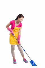 Portrait Of Young Asian housewife Cleaning Floor With Mop