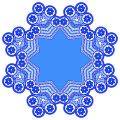 Blue mandala in the shape of snowflakes. Abstract winter pattern. Handmade Vector blue on a white background. Ethnic pattern in oriental style.
