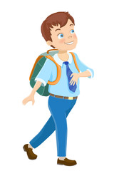 Young boy wearing a backpack walking to school on white. Cartoon