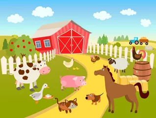 Gardinen cartoon farm scene illustration with domestic birds, animals, farmhouse, tractor © flowerstock