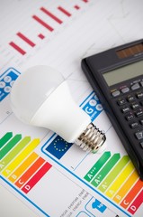 LED light bulb on energy efficiency chart.