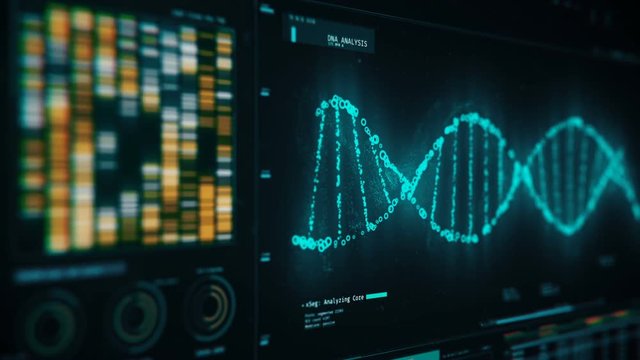 DNA chain rotating on screen, forensic analysis of structure, genetic research. DNA molecules analysis, biochemistry, statistics in graphs and charts