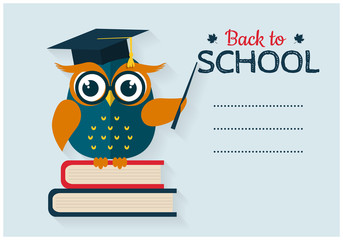 Back to school. Vector card with place for text. Wise owl with books and graduate cap. Flat design.