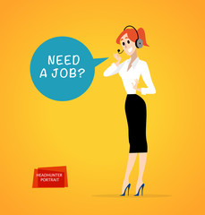 Vector flat friendly smiling person character. Young lady operator in headphones with microphone portrait isolated. Cartoon style. Human profession icon. Awesome woman standing. Text bubble, balloon.