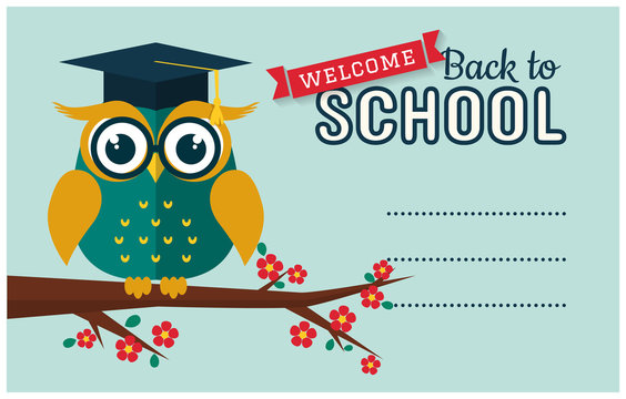 Back to school. Vector card with place for text. Wise owl with book and graduate cap. Flat design.