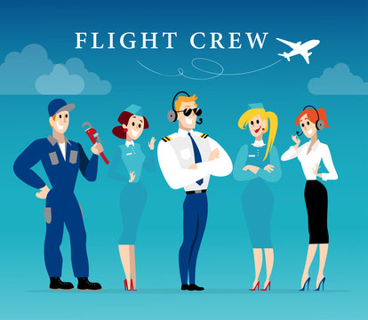 Vector flat profession character. Human profession icon. Friendly happy people portrait.  Business team working group flight crew people set. Cartoon style.