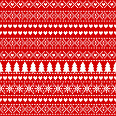 Seamless Christmas background, card - Scandinavian sweater style. Simple Christmas pattern - Xmas trees, hearts, snowflakes on red background. Design for textile, wallpaper, web, fabric and decor etc. - 117581763
