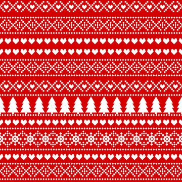 Seamless Christmas background, card - Scandinavian sweater style. Simple Christmas pattern - Xmas trees, hearts, snowflakes on red background. Design for textile, wallpaper, web, fabric and decor etc.