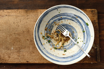 Flat lay of an empty plate after a spaghetti meal