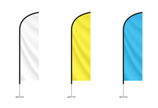 white, yellow and blue feather flag mock ups. vector advertising flags