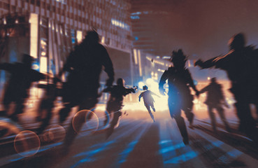 Fototapeta premium man running away from zombies in night city,illustration,digital painting
