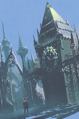 Fototapeta premium man looking at the clock tower in sci-fi city,illustration painting