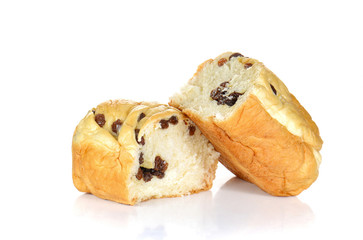 Raisin bread on white background.