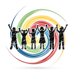 Children holding hands designed on spin wheel background graphic vector.