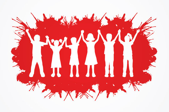 Children holding hands designed on splash ink background graphic vector.