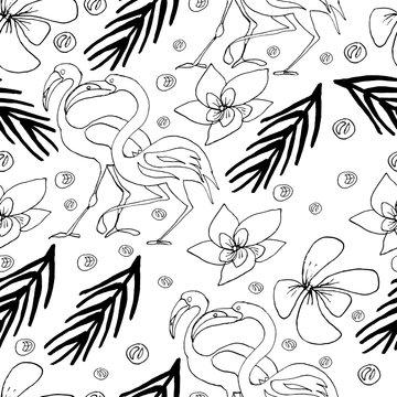 Vector seamless pattern. Summertime theme. Palm leaf flamingo, tropical flowers. Hand drawn sketches.