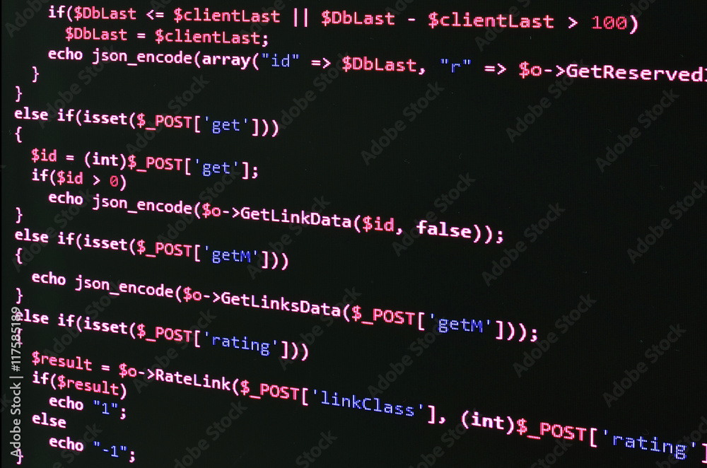 Poster programming code on black screen, red text