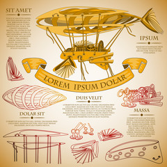 Fantastic Zeppelin airship paper plan. Futuristic or steampunk tattoo design. Isolated vector collapsible composition.