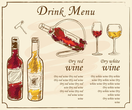 Drink menu elements. Restaurant blackboard for drawing. Hand drawn drink menu vector illustration. wine list, drink menu board, glass of the white wine and red wine
