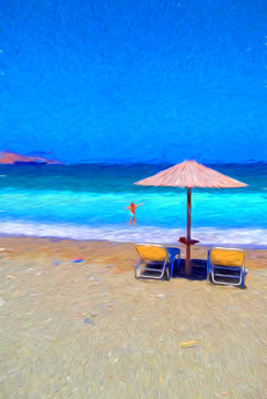 A girl with chairs and umbrella on a beautiful tropical beach