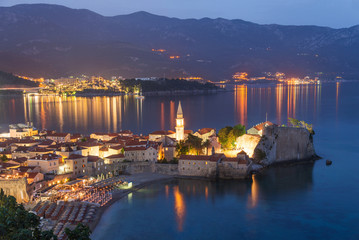 Fototapeta na wymiar Budva old walled town at night, Adriatic sea. Montenegro. Europe