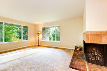 Nice airy family room with carpet floor and fireplace.
