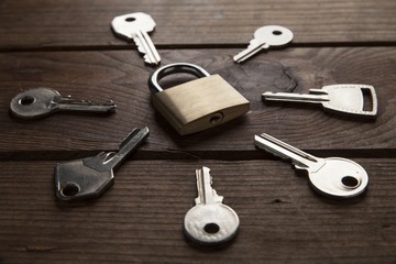 Keys and lock on wooden background, Security concept