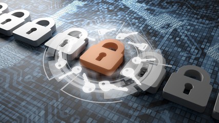 Digital security concept with keys around lock