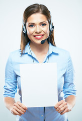 Call center operator hold blank sign board