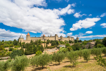 Fototapeta na wymiar Castle fortress and surrounding countryside of Carcassonne in the south of France