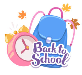 Vector colorful illustration of pink alarm clock, blue backpack,