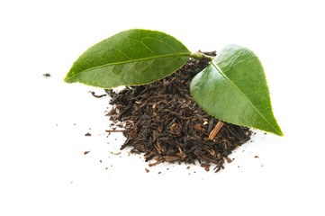 dry green tea with a fresh tea leaf